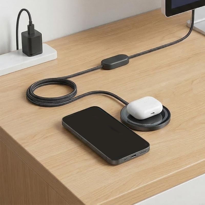 Black braided charging cable with a sleek rectangular inline power adapter and a circular 25w fast wireless charging pad for phones.