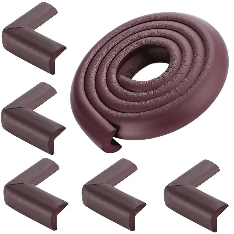 tiras acolchadas protectoras de esquinas de color marrón, hechas con material blando para la seguridad del bebé en los bordes de la mesa