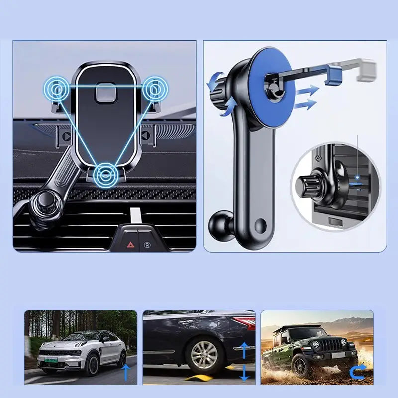 Soporte para teléfono de coche metálico negro y azul con montura magnética y brazo ajustable para una sujeción segura del dispositivo en una salida de ventilación del coche.