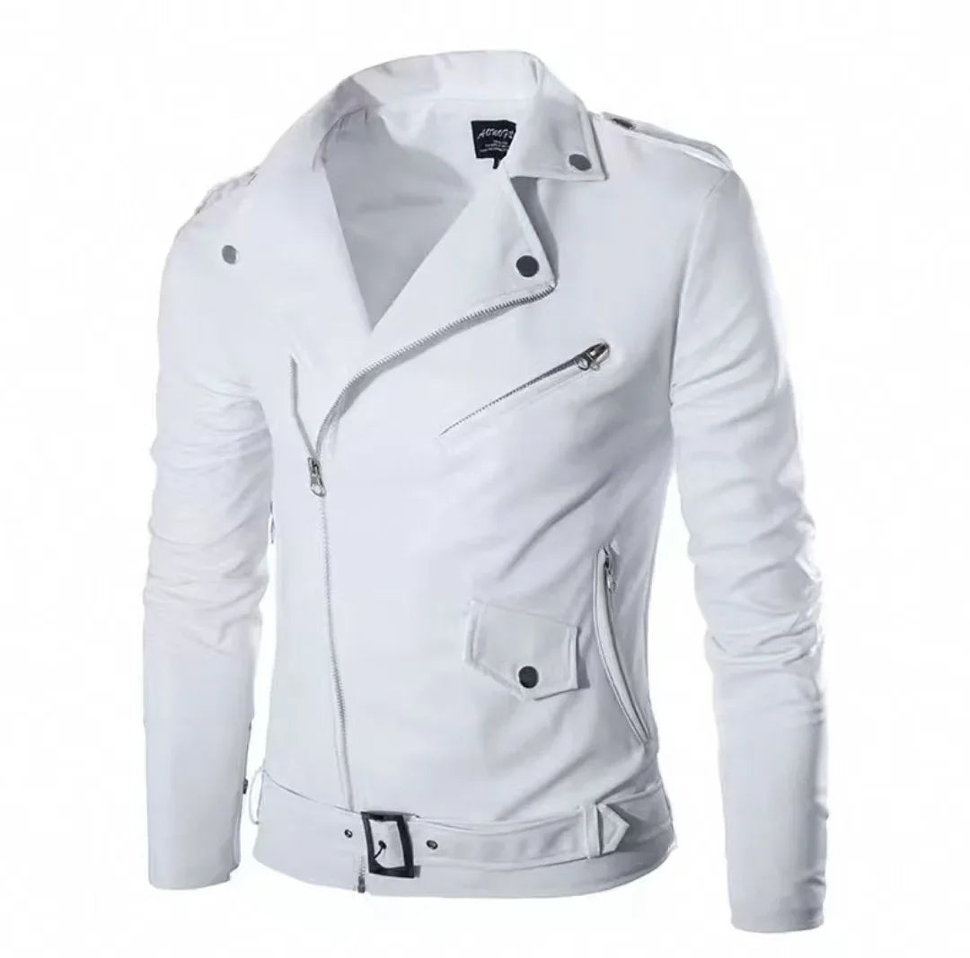 Herren-Leder-Motorrad-Bikerjacke im Vintage-Stil in großen Größen aus weißem Leder mit silbernen Reißverschlüssen und schwarzer Hardware.