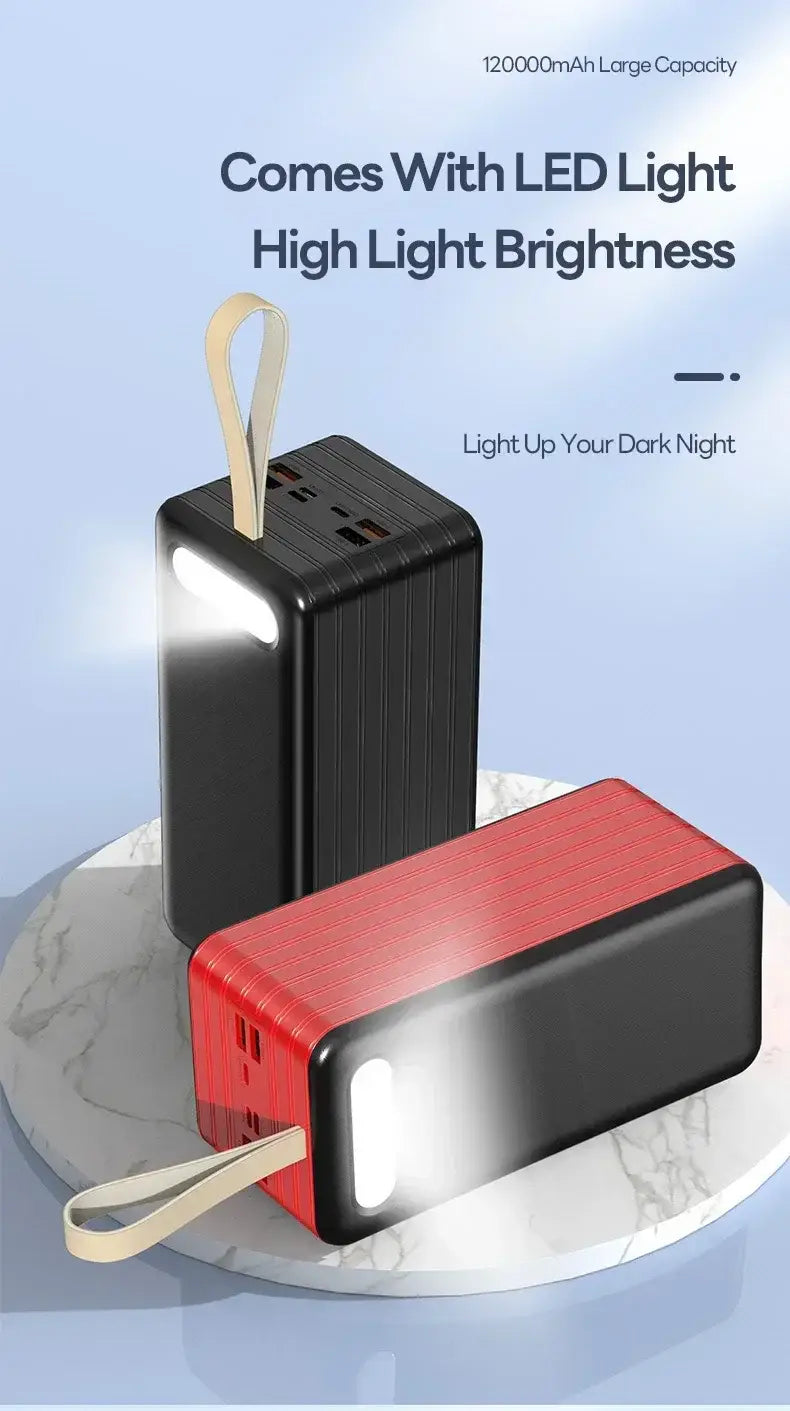 Black and red portable power banks with textured surfaces, carrying straps, and led lights featuring 120000mAh capacity and 66w fast charging capability.