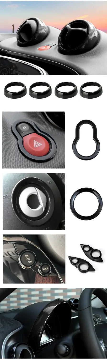 スマート 453 ブラック内装外装トリムキットのための、Mini Cooper のエアベントおよびコントロールボタン用のブラックプラスチック製ダッシュボードトリムリング。