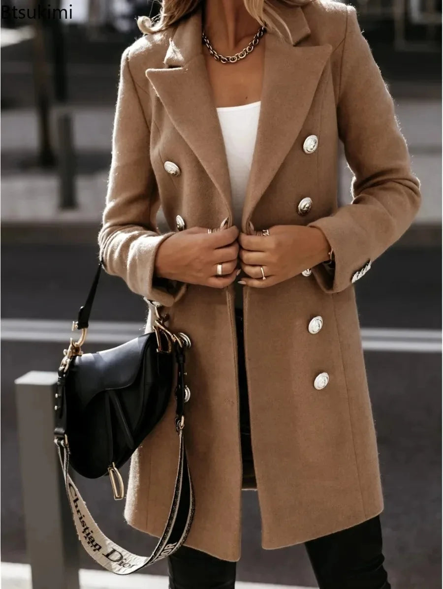 New Women's Autumn Winter Wear Coat Long-sleeved Suit Collar Double-breasted Slim Long Jackets Solid Fashion Wool & Blends Coats