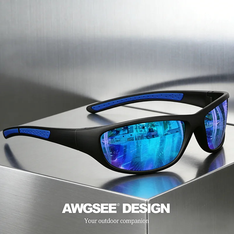 Gafas de sol deportivas polarizadas negro y rosa con UV400 con lentes reflectantes negro y azul y una montura elegante y resistente.