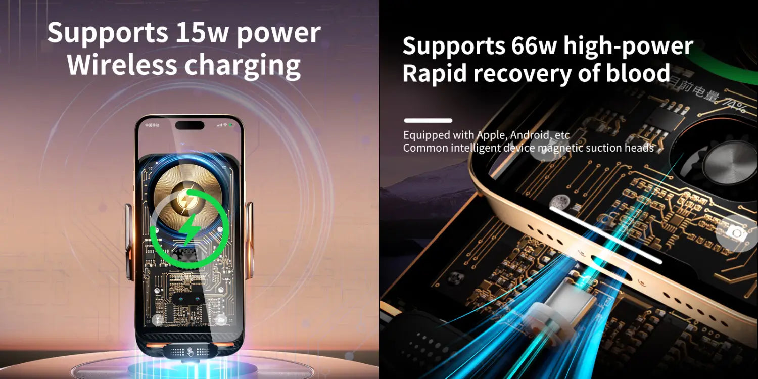 black smartphone with gold-colored internal components and visible circular charging coil displayed in wireless charger phone holder with infrared auto clamping for wireless charging
