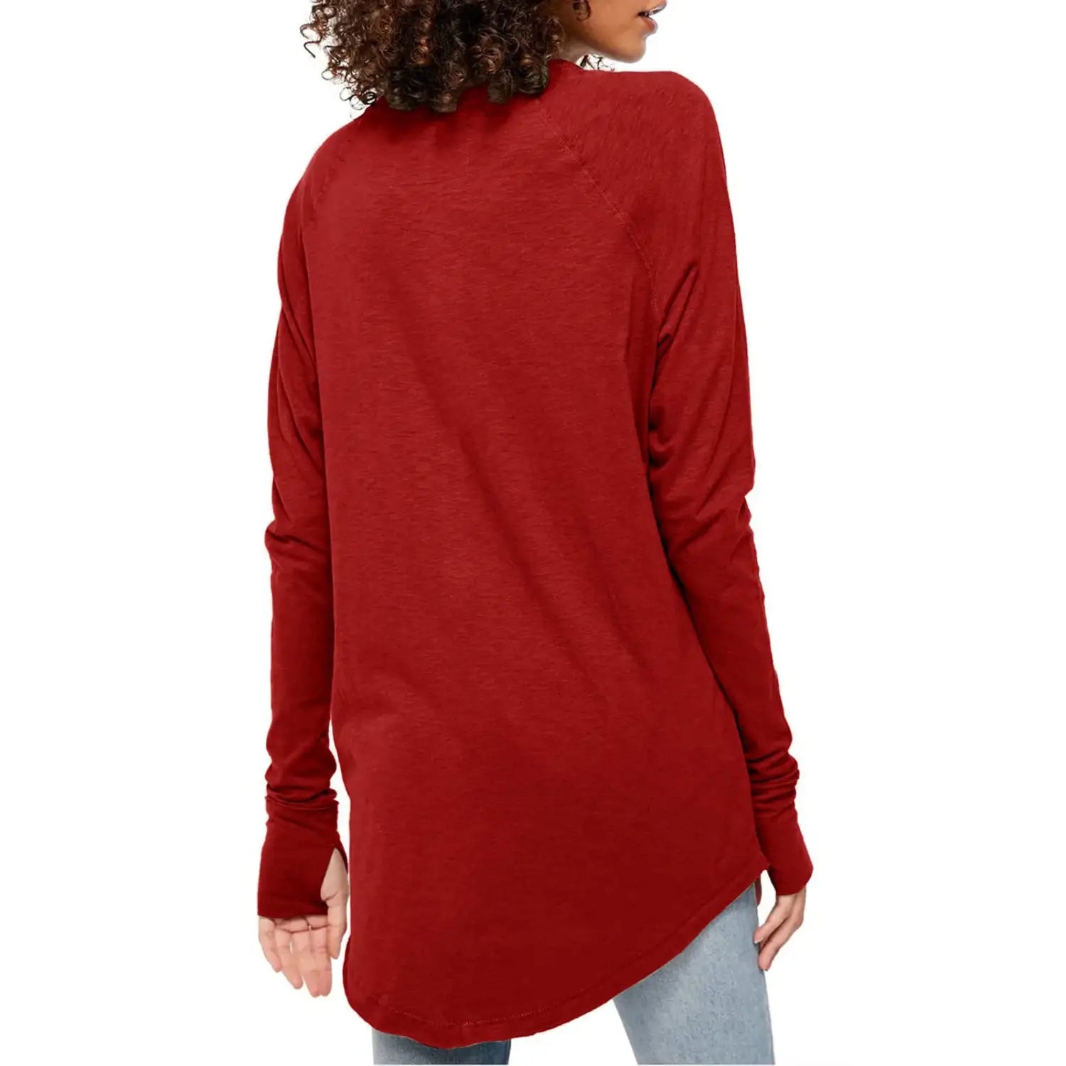 Women long sleeve cotton tunic top in red featuring a soft fabric, relaxed fit, round neck, and asymmetrical hemline.