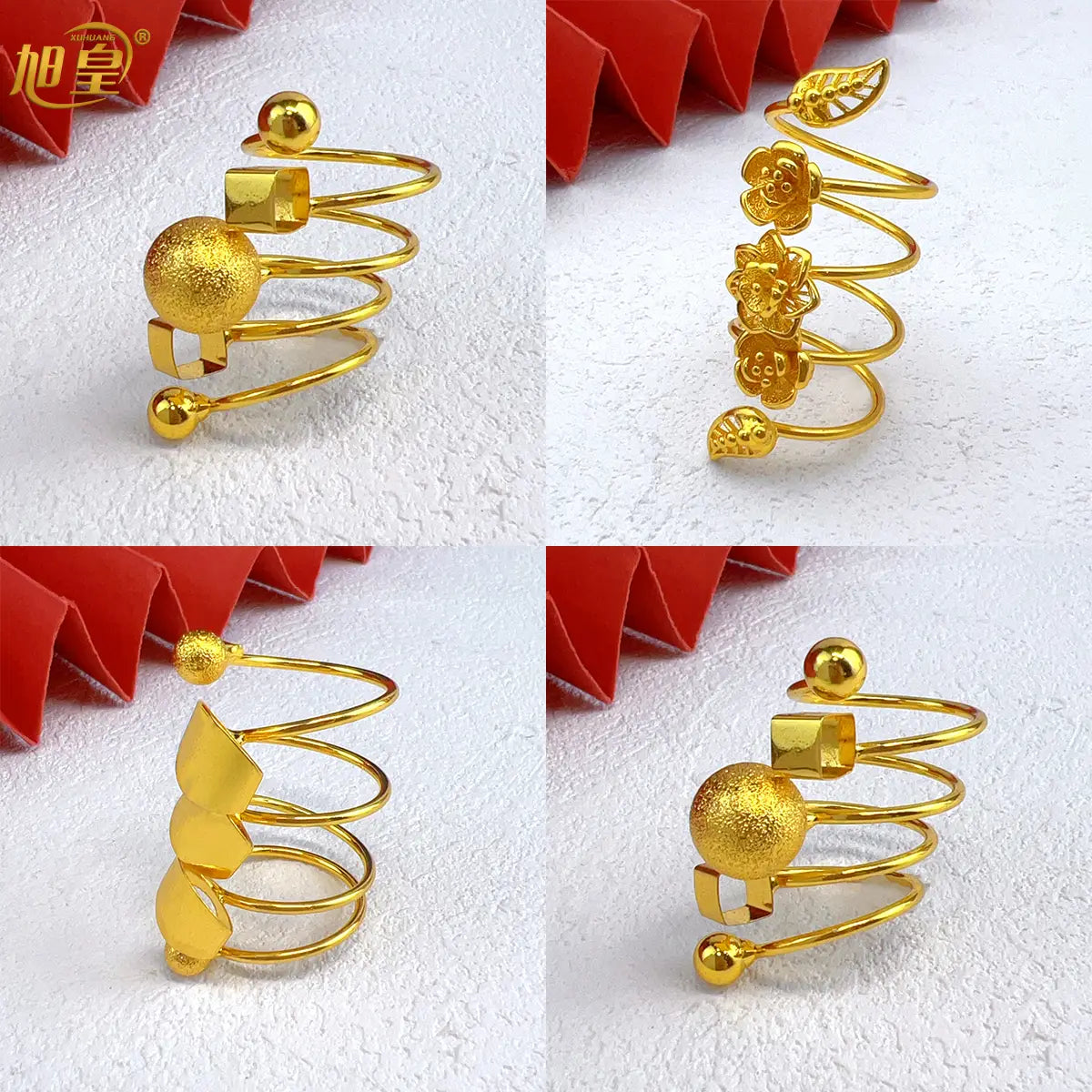 24k gold plated dubai jewelry spiral ring for women featuring a golden spiral bracelet design adorned with textured spheres geometric shapes and floral charms.