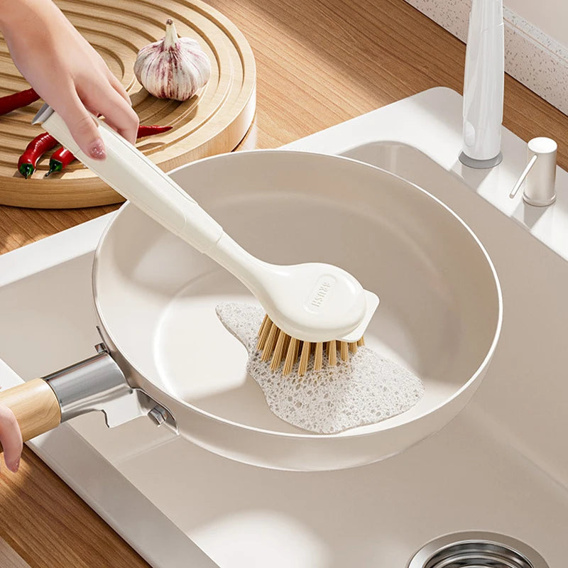 Kitchen Cleaning Brush Long Handle Dish Brush Stove Grease Scrubber 2in1 Cleaning Tools with Suction Bottom for Sink Pots Pans