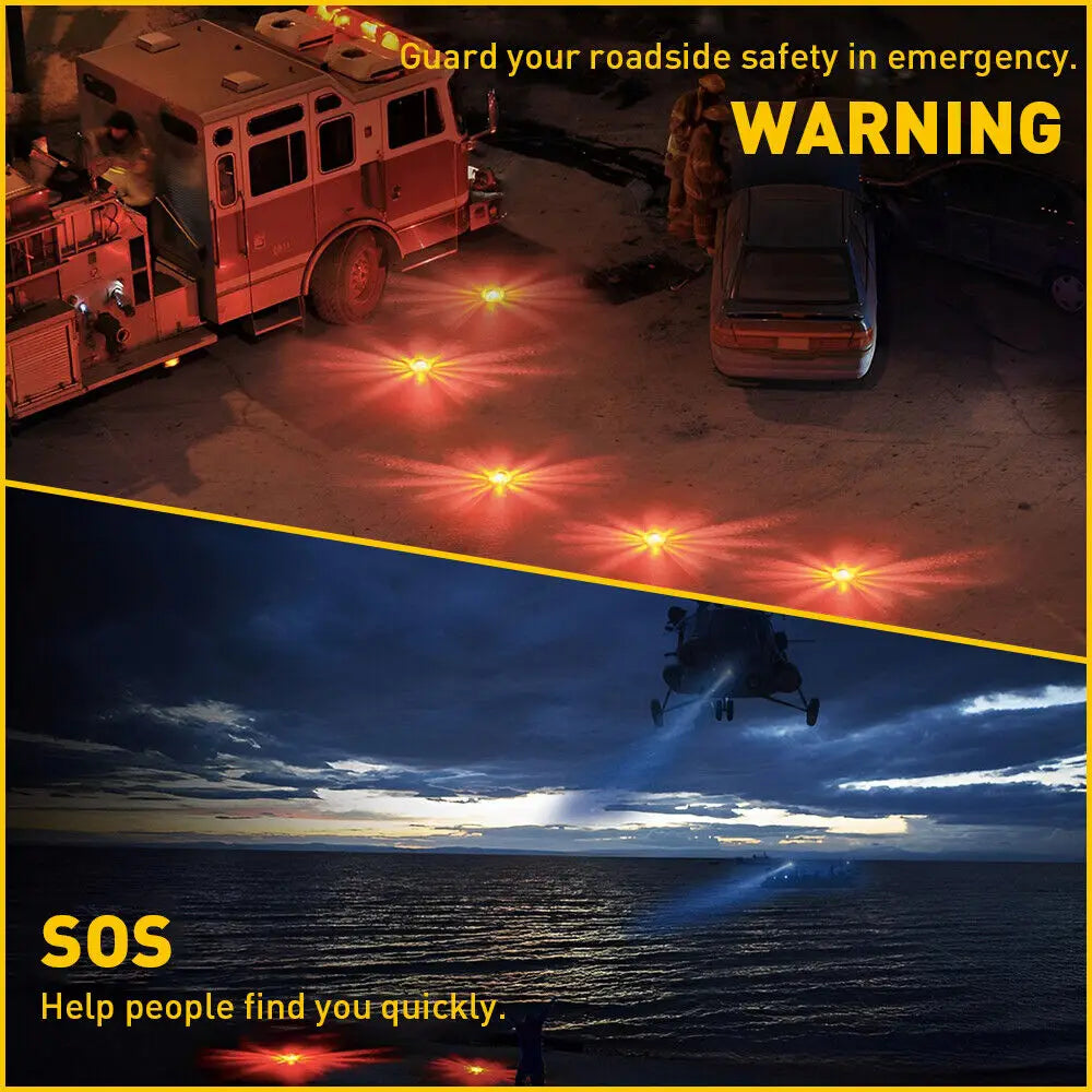 led road flare emergency safety beacon strobe light featuring red and orange reflective safety lights designed for emergency roadside use or water rescue.