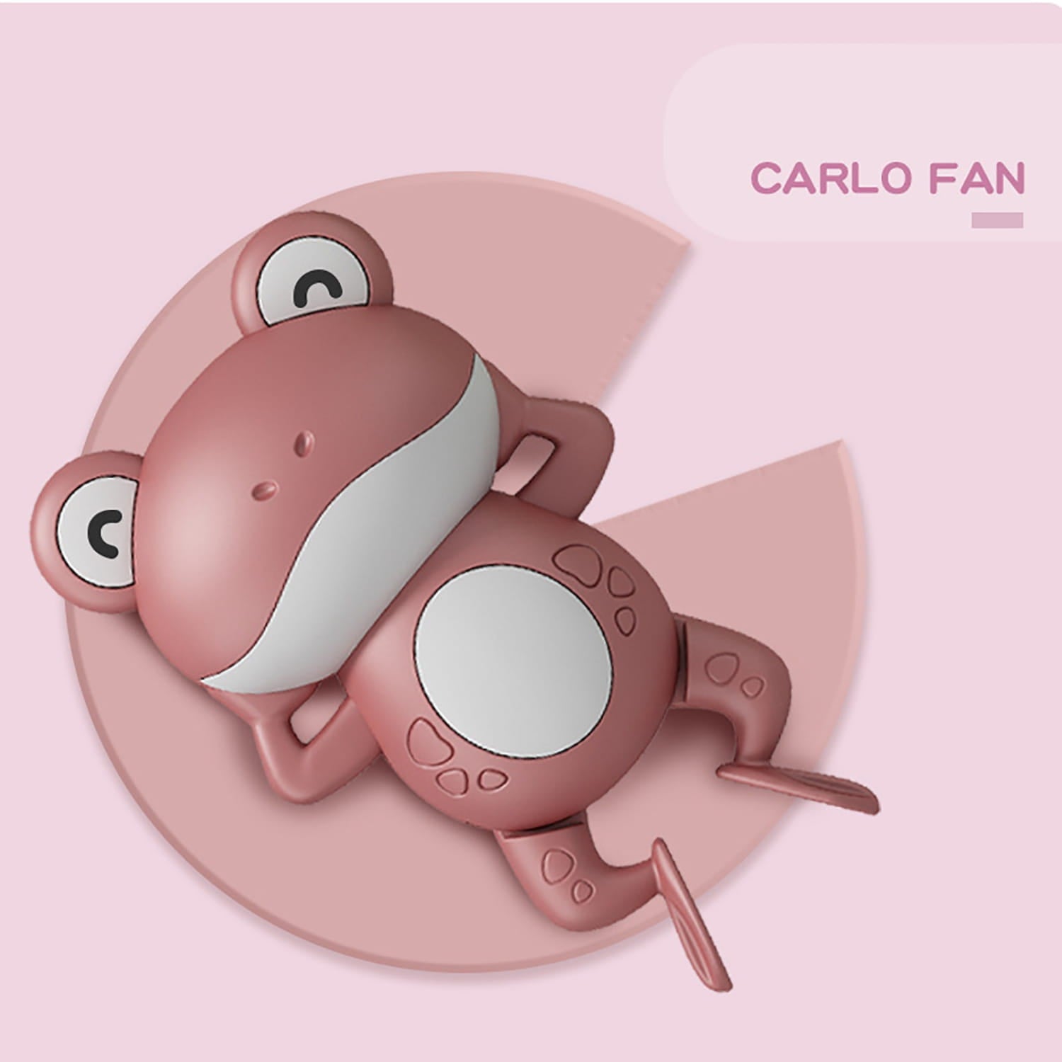 Froschförmiger Aufzieh-Schreibtischventilator aus pinkfarbenem Kunststoff von Carlo Fan, entworfen als schwimmendes Wassertoy für die Nutzung in der Badewanne