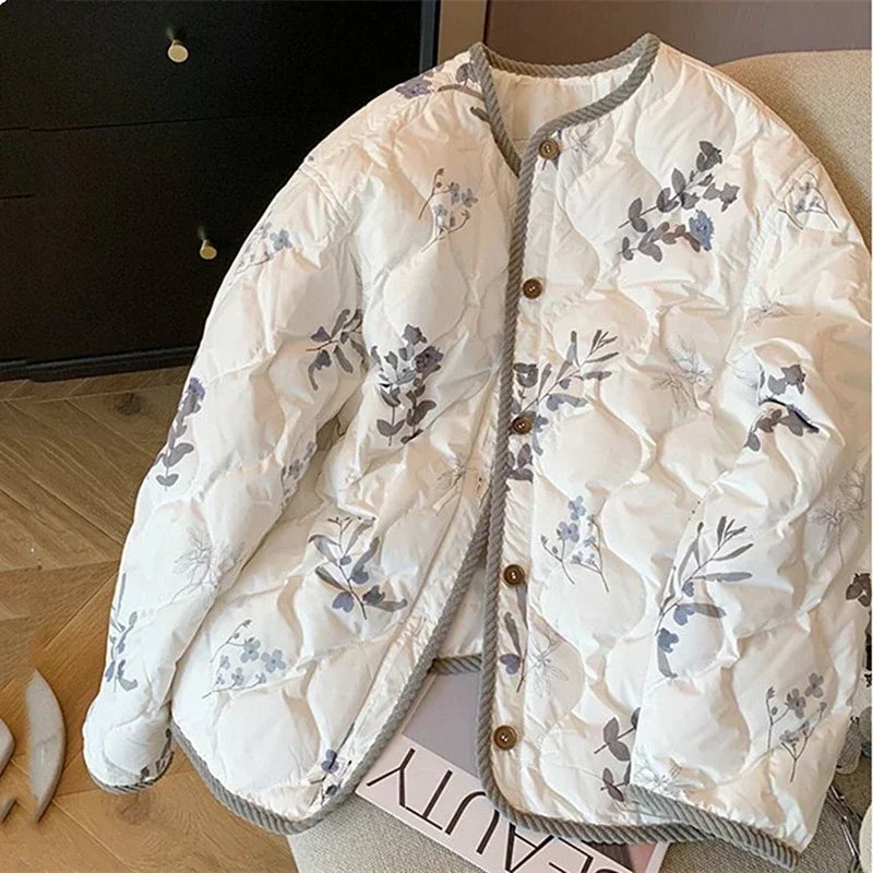 Corduroy Edging Padded Cotton Winter Coat for Women Aesthetic Y2K Floral Printed Elegant Bomber Jacket Korean Fashion Streetwear