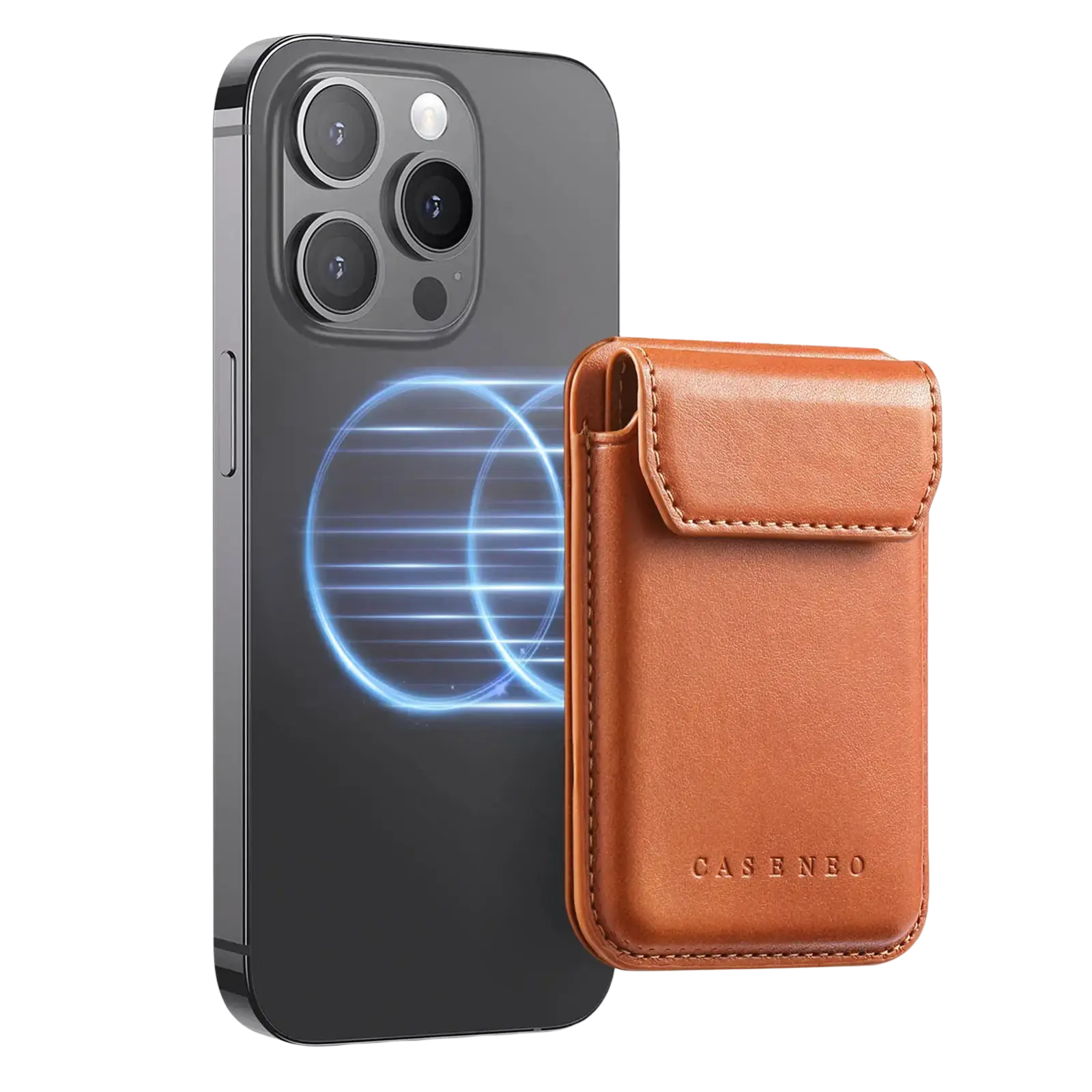 Brauner Leder-Handy-Kartenhalter mit Magnetverschluss, genähten Kanten und unten eingeprägtem „caseneo“, von der Vorderseite aus gezeigt.