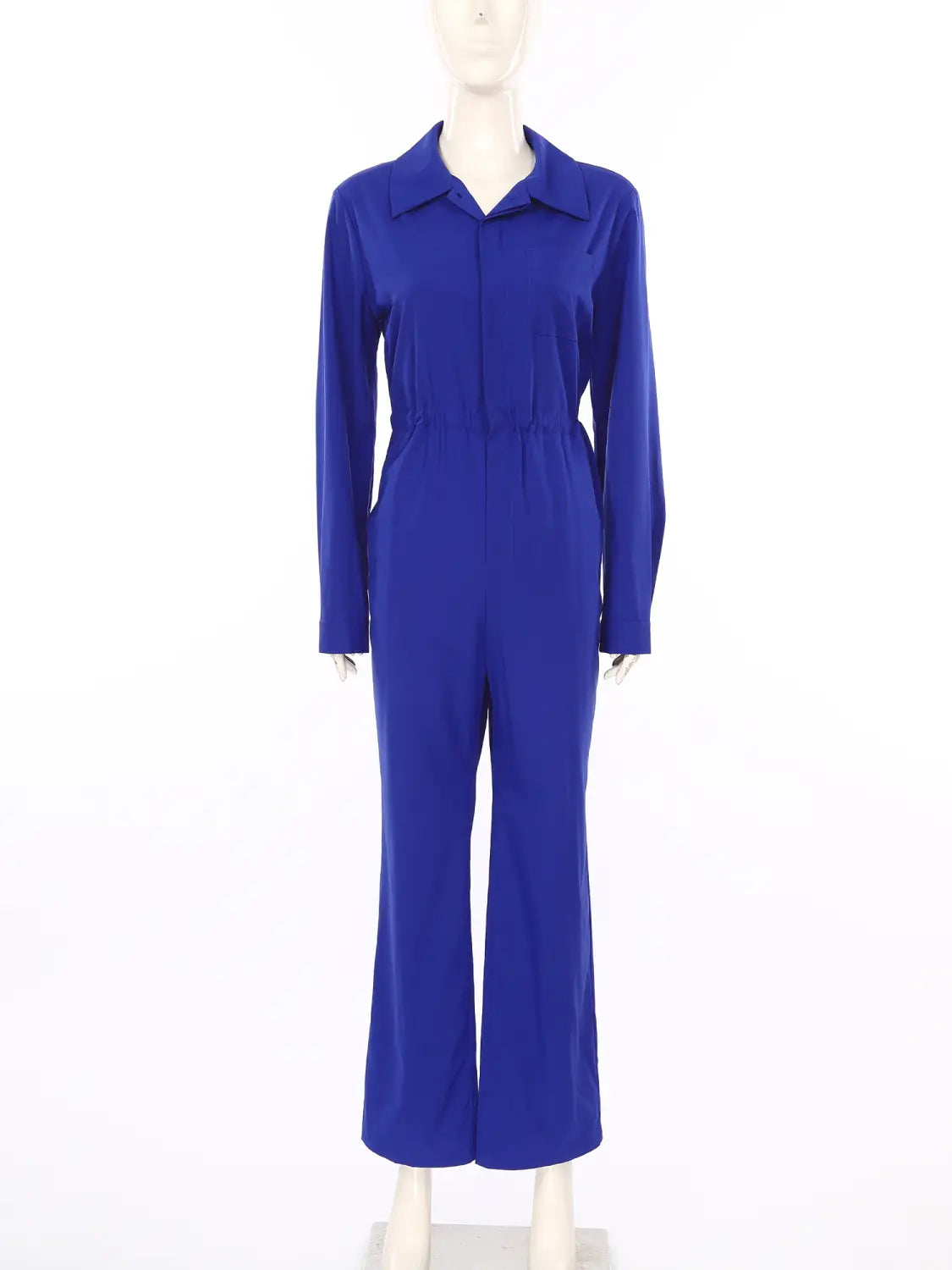 Royal blue long sleeve casual jumpsuit with a collar and cinched waist in vibrant fabric suitable for everyday wear