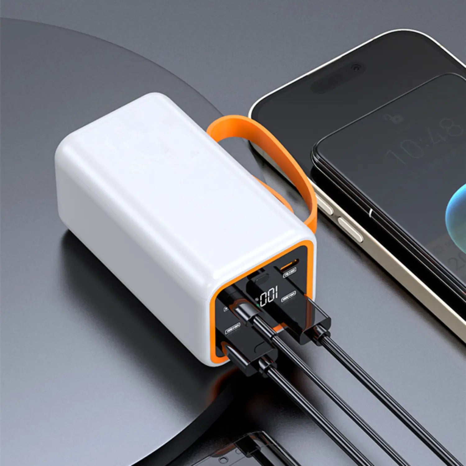 white portable power bank case with orange accents and carrying strap featuring multiple USB ports and LCD display for 4x 21700 batteries