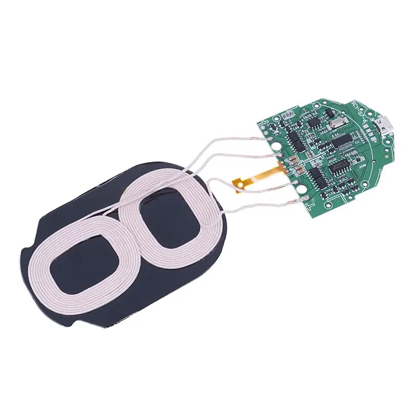 Picture shows a wireless pcba 15w fast charging transmitter module with a black base, white coil winding, and green circuit board designed for 1-2a wireless charging applications.