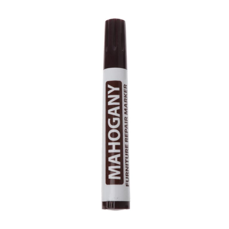 Wachsstift für Möbelkratzreparaturen der Marke Mahagoni mit weißem Schaft und dunkelbraunem Deckel, ausgelegt zur Wiederherstellung von Holzoberflächen.