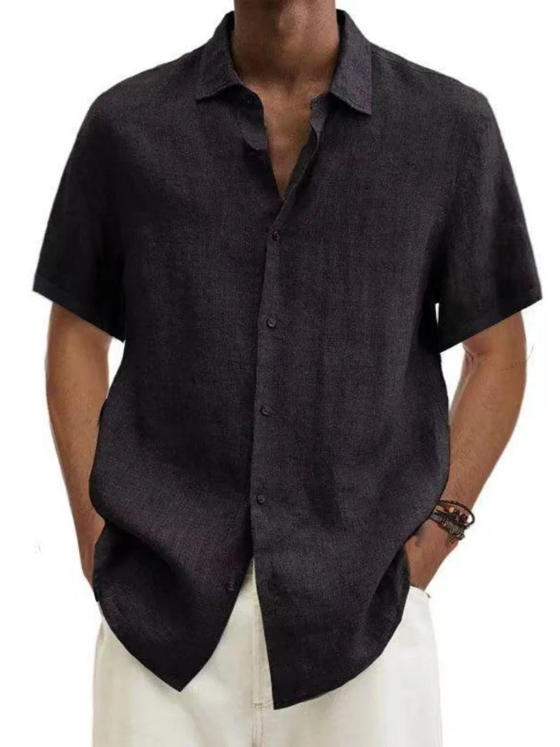 Mens linen blend casual short sleeve shirt in dark gray featuring a textured linen-like fabric and a classic collar.