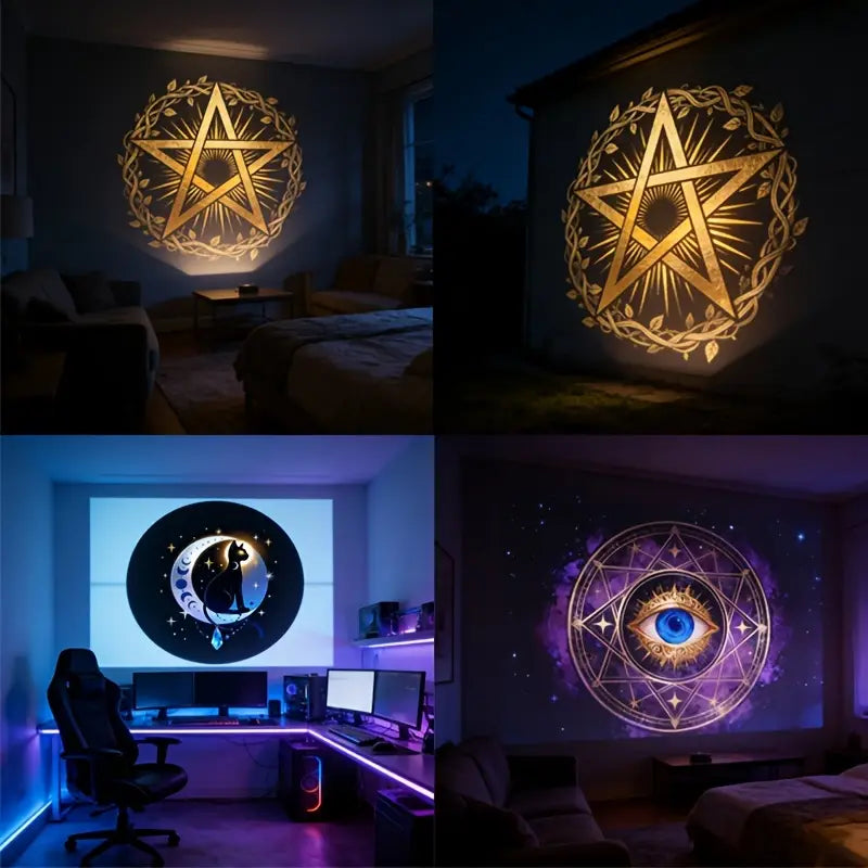pentagramme doré avec un motif de couronne feuillue projeté dans des tons dorés chauds sur les murs par une atmosphère lumineuse de projecteur, cartes de tarot, lampe.