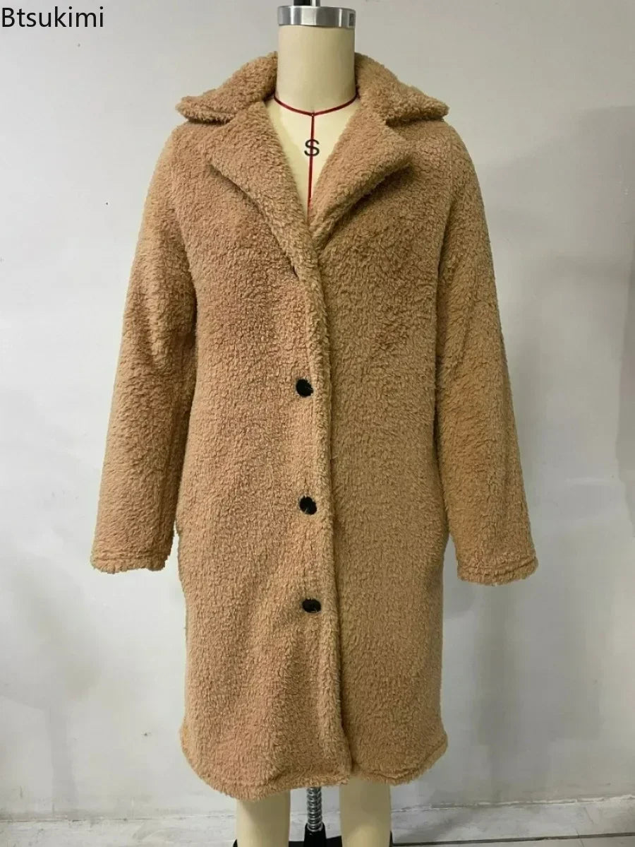 2026 Women's Winter Faux Wool Blends Warm Coat Single Breasted Outerwear Teddy Plush Overcoats Female Chic Streetwear Coats 5XL