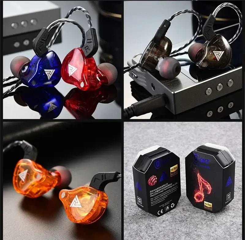 clear colorful qkz ak6 in-ear headphones with mic featuring a glossy finish and black ear hooks for secure fit