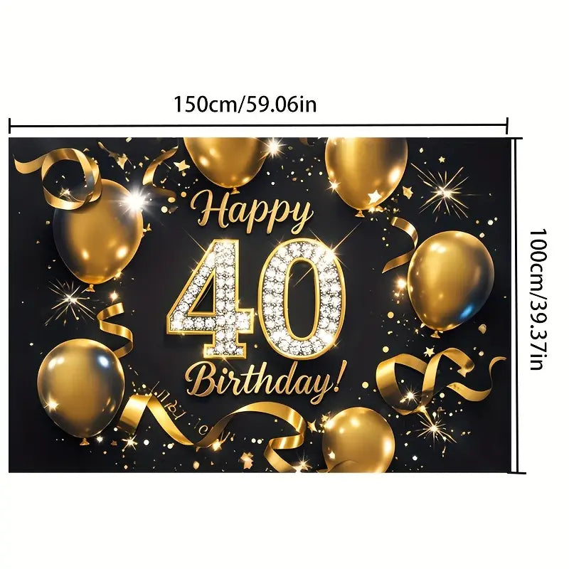 a 40th birthday black gold glitter photography backdrop featuring a shimmering gold happy 40th birthday design with sparkling diamond-encrusted numerals festive balloons and glittering confetti on a black background