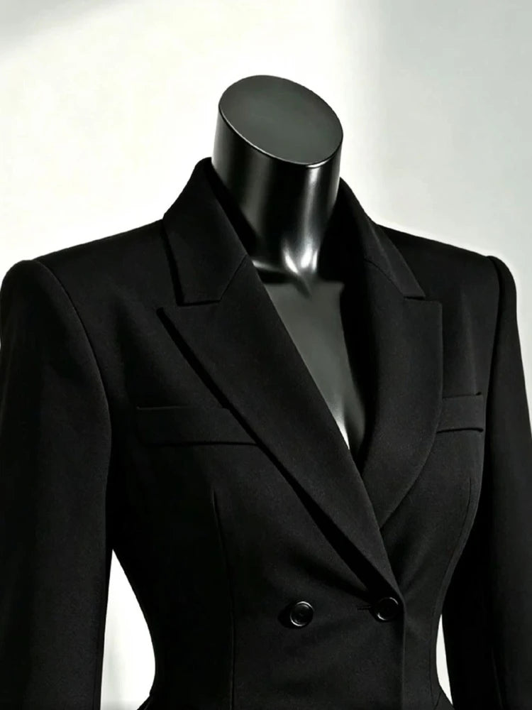 Elegant Autumn Unique Black Blazer Jacket Women Korean Fashion Double Breasted Waist Cinched Irregular Hem Office Casual Outfit