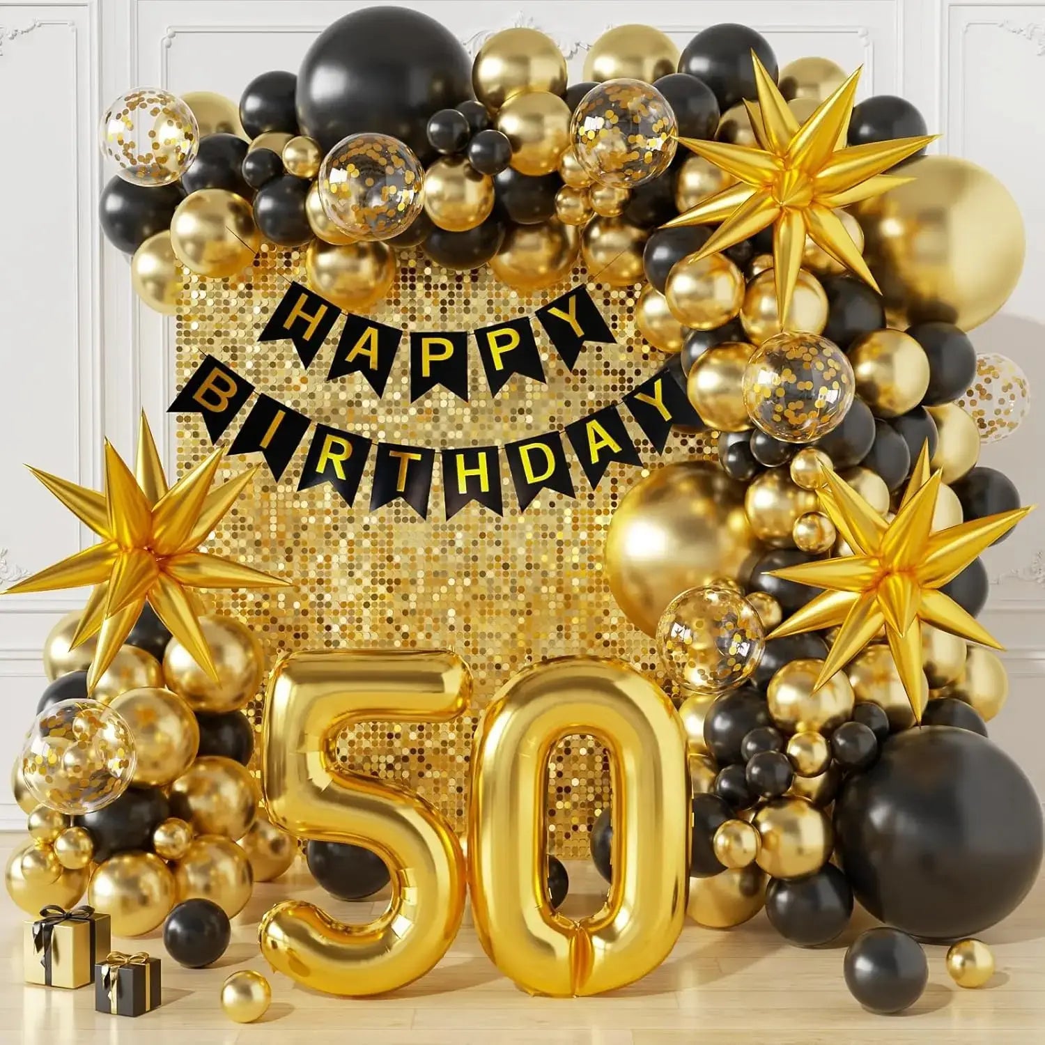 Kit de arco de globos de cumpleaños en negro y oro con un globo central dorado metálico de 50, con globos negros y dorados rellenos de confeti, decoraciones en forma de estrella y un fondo brillante