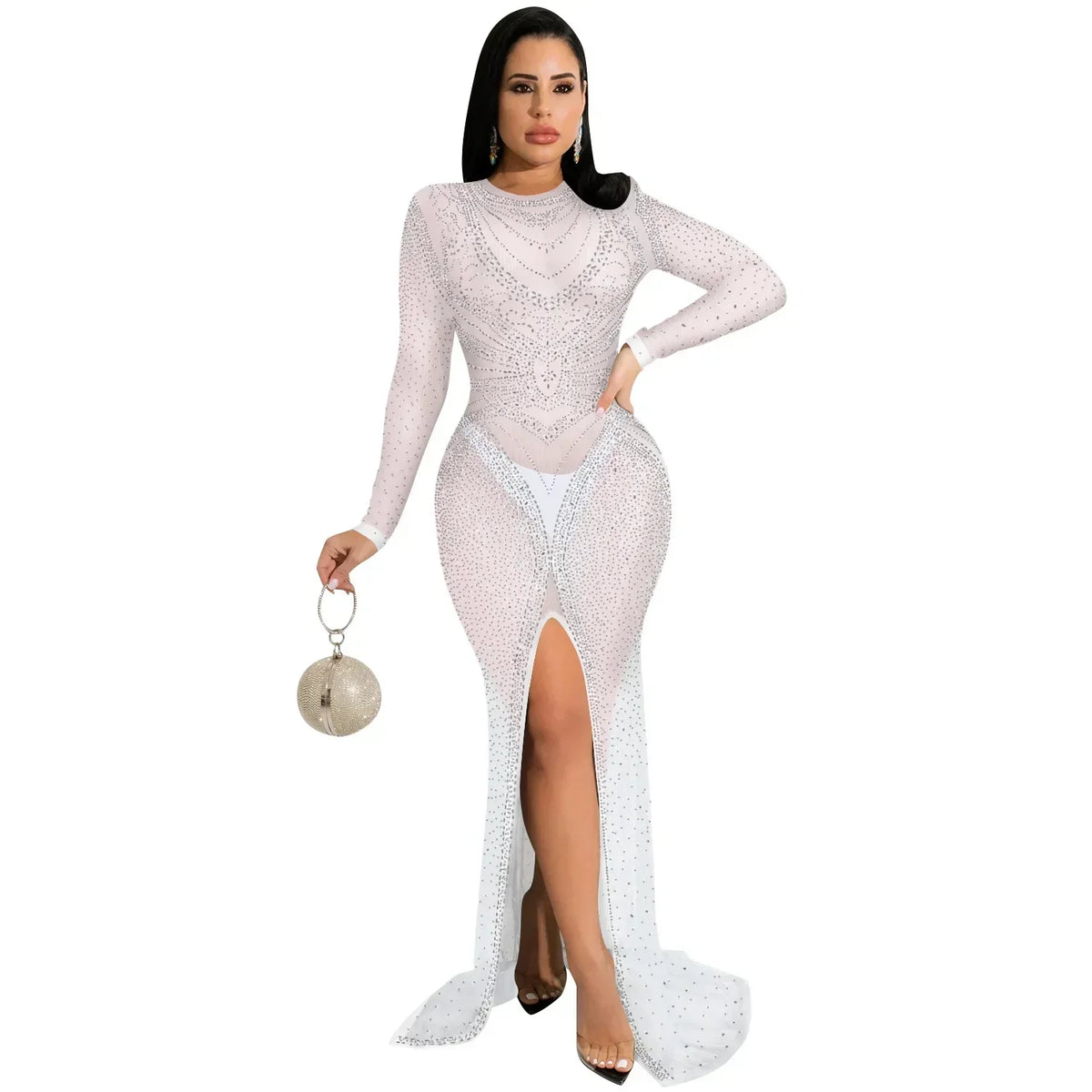 Autumn Winter Fashion Elegant Evening party luxury Long Dress Women's Net Gauze Perspective Long Sleeve Slit Nightclub Dress