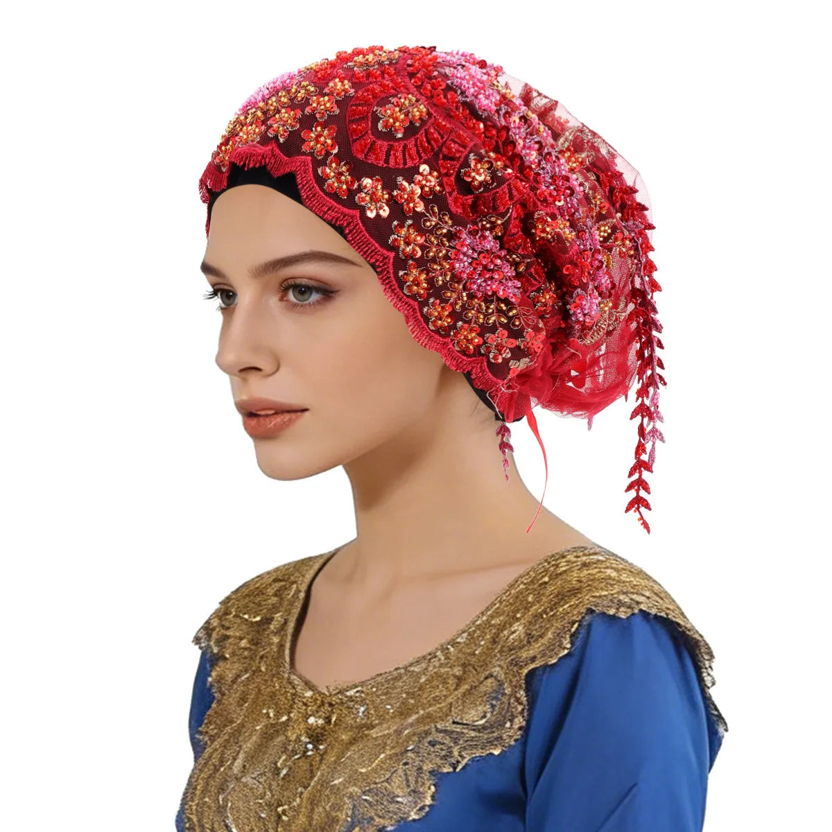 New Ethnic Tassel Headscarf Beaded Embroidery Turban Luxury Tassel Bonnet Women Muslim Hijab Lace Wedding Party Headwear Beanies