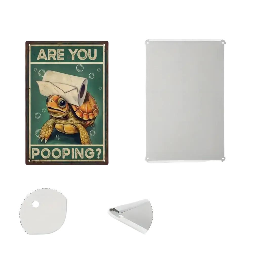 Vintage bathroom metal sign featuring a cartoon turtle with toilet paper on its head on a green background