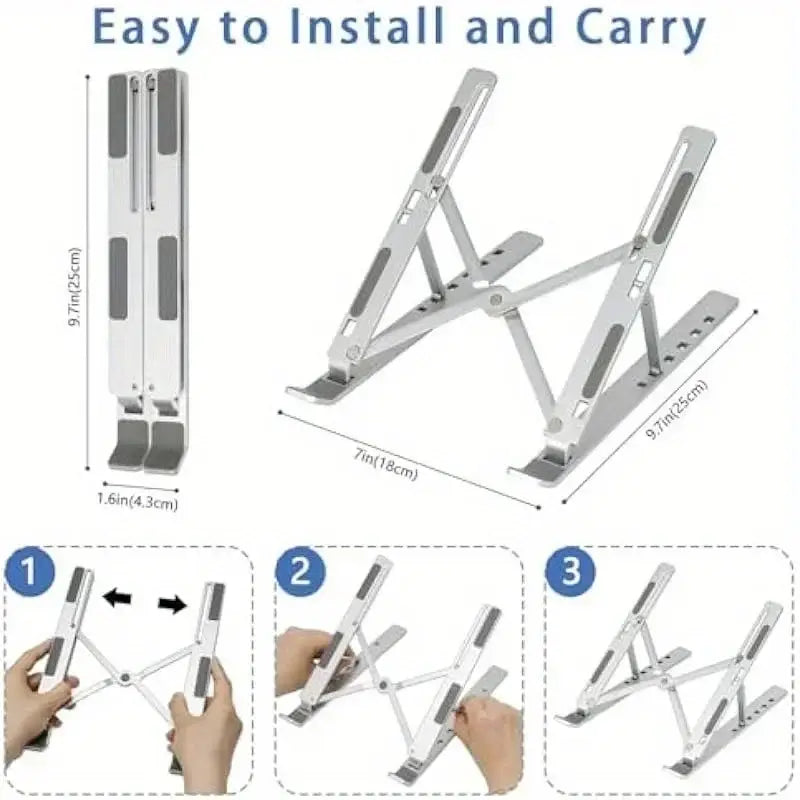 silver aluminum foldable laptop stand with adjustable height designed for ergonomic notebook use