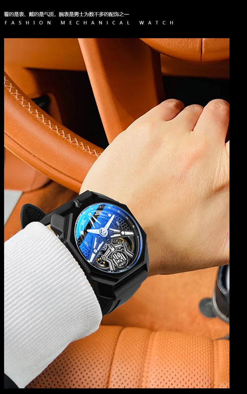 Black octagonal automatic skeleton mechanical watch for men with a vibrant blue dial and visible gears worn on a wrist