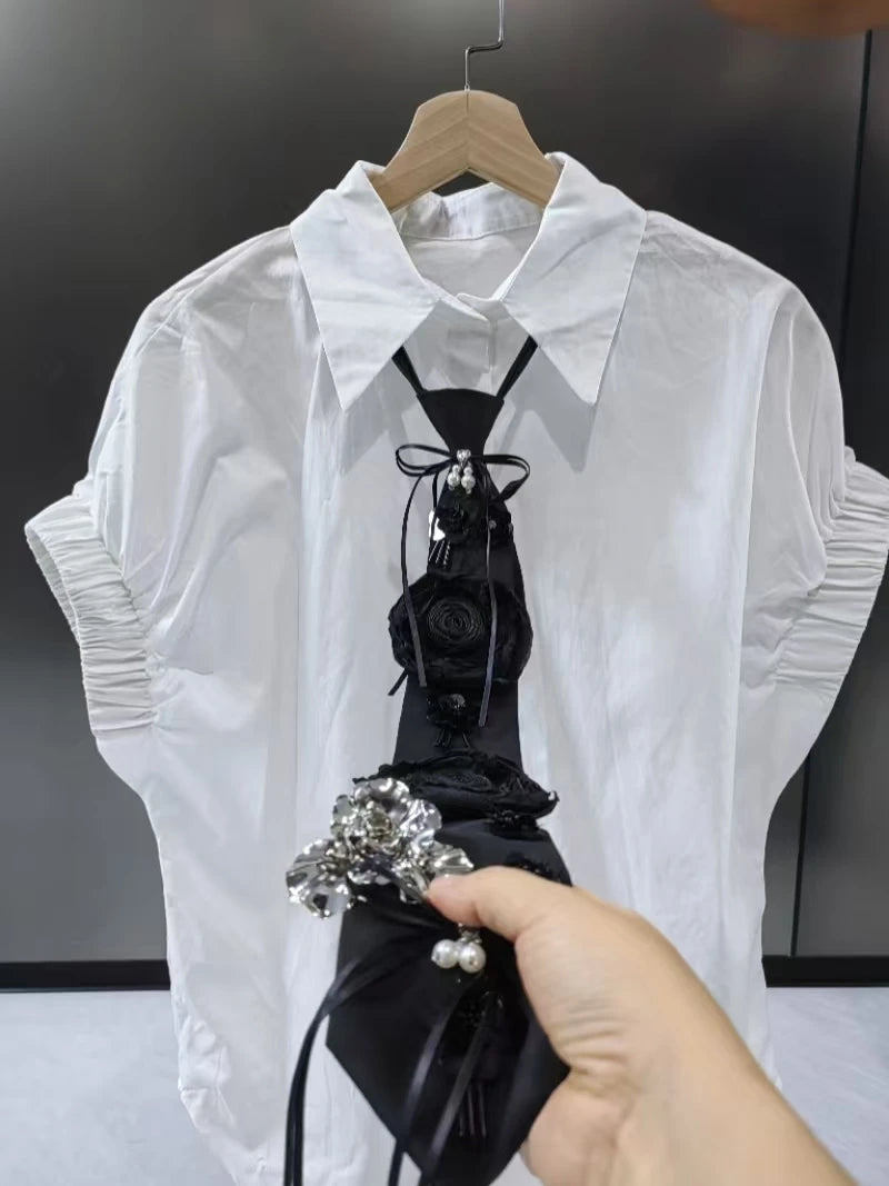 High-end Short Sleeve Shirts Blouses with Ties for Women Girls Ladies Elegant Fashion Tops Loose Casual Shirt Clothes