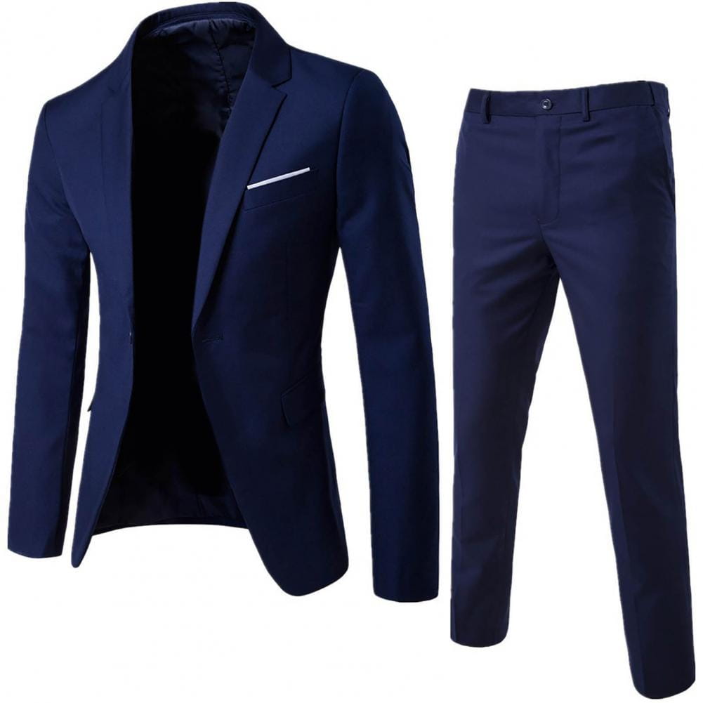 Traje de color azul marino, de color sólido, corte slim fit, con chaqueta de manga larga de un solo botón y pantalones a juego, con sutiles costuras de contraste blancas en la solapa del bolsillo y el largo de pantalones entallado.