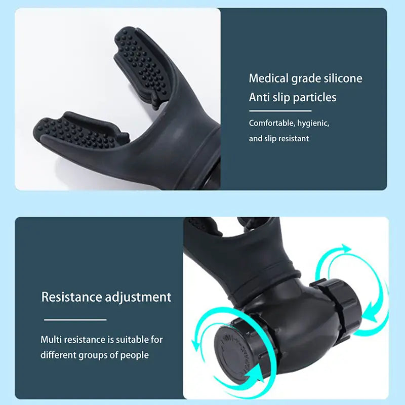 Black medical-grade silicone snorkel mouthpiece with anti-slip particles and adjustable resistance knob for lung breathing trainer fitness resistance exercise tool.