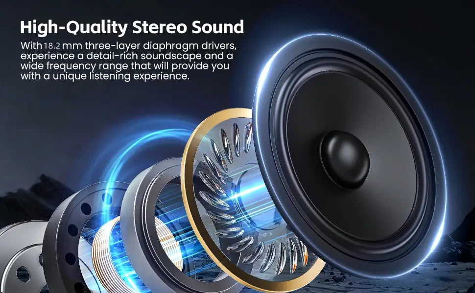 black and gold air conduction ear hook headphones with 18.2mm three-layer diaphragm stereo speaker drivers and a charging case for high-quality sound and convenient charging case charging.