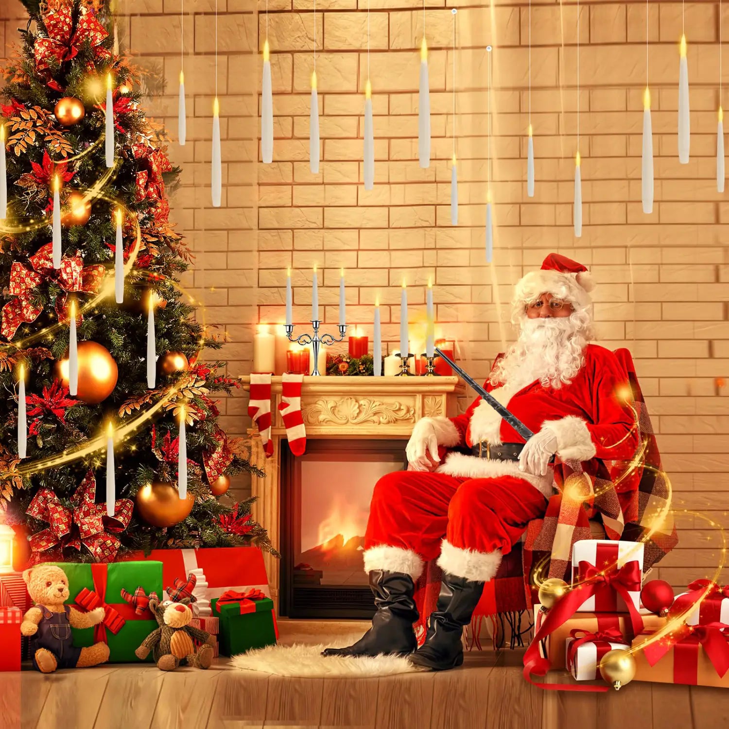 red and white santa claus costume with black boots displayed in a festive christmas scene highlighting floating candles with magic wand remote.