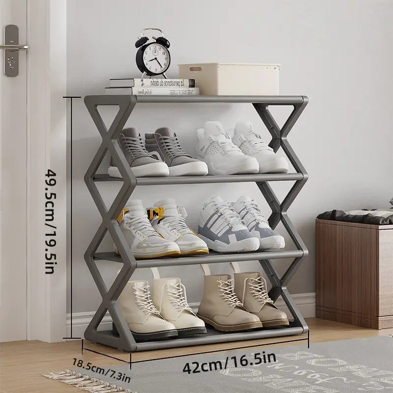 Graues Metall-Klapp-Schuhregal mit geometrischem X-Gestell-Design ist ein platzsparender 4-stufiger Schuhorganizer für eine effiziente Schuhaufbewahrung.