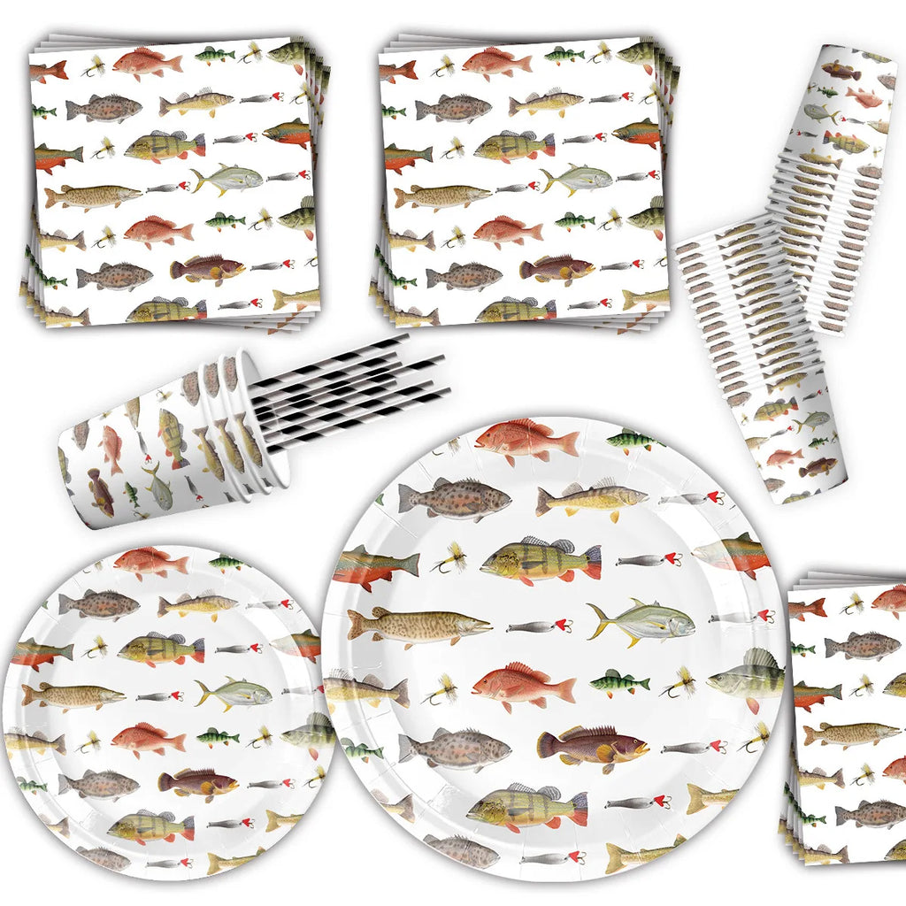 Fishing Themed Party Disposable Tableware Set Paper Plate Cup Napkin Tablecloth Banner Birthday Weedding Party Tableware Supplie
