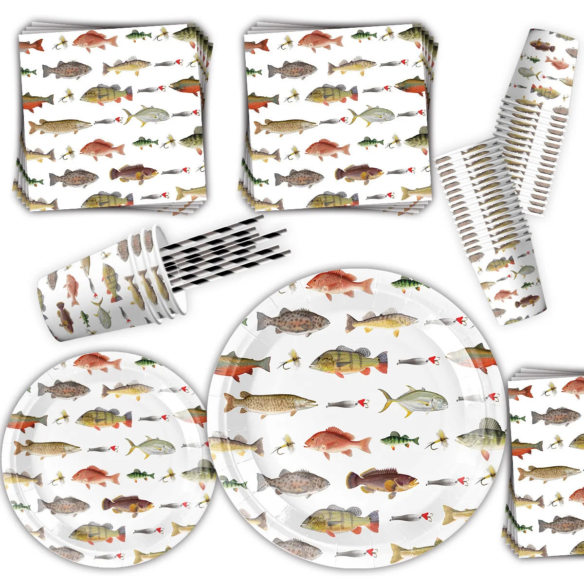 Fishing Themed Party Disposable Tableware Set Paper Plate Cup Napkin Tablecloth Banner Birthday Weedding Party Tableware Supplie