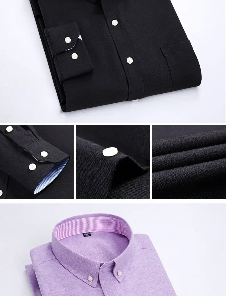 mens light blue oxford shirt casual long sleeve shown in black button-down with white buttons and subtle textured weave alongside a lavender version with matching collar lining