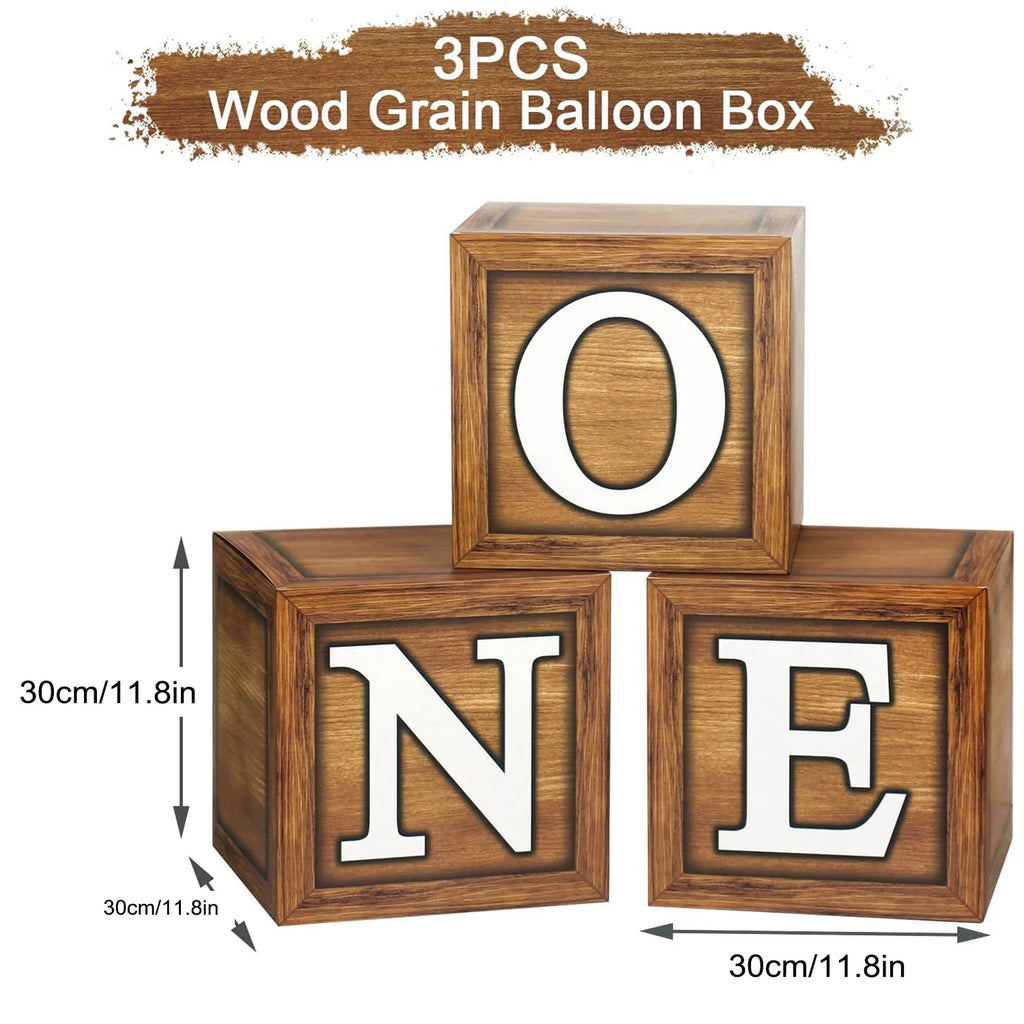 First Birthday Balloon Boxes  3 Wood Grain Brown Blocks 1st Birthday Balloon Boxes Teddy Bear Birthday Party Decorations