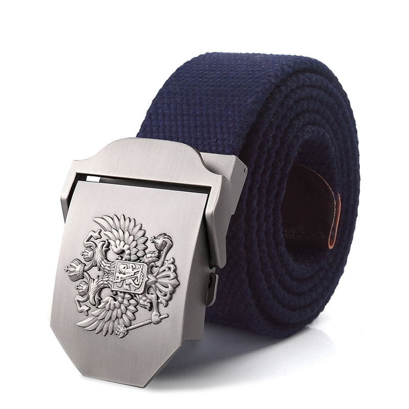 Ceinture tactique en toile bleu marine pour hommes, avec une boucle ton argent, présentant un motif d’aigle russe en relief, adaptée à un usage militaire.