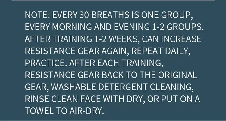 dark blue instructional text on a solid background detailing the features of a respiratory trainer lung fitness device