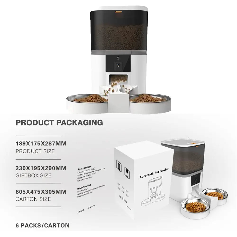 Smart dual pet feeder with hd camera and app control featuring a white and black automatic design, transparent food compartment, and dual stainless steel bowls for separate feeding captured in the product description and meal video.