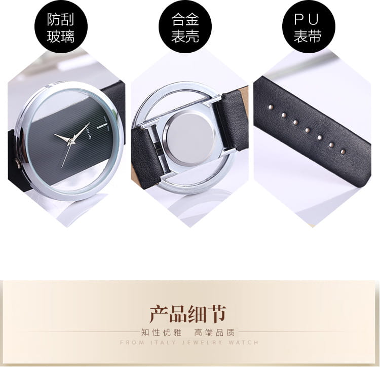 A sleek silver-toned women luxury leather quartz watch with a black transparent dial, scratch-resistant glass face, and black PU leather strap.