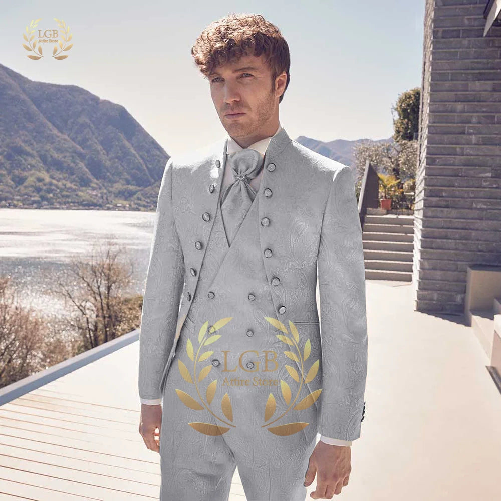 Luxury Men’s European 3-Piece Suit Champagne Embossed Fabric Noble Double-Breasted Tuxedo for Formal Occasions