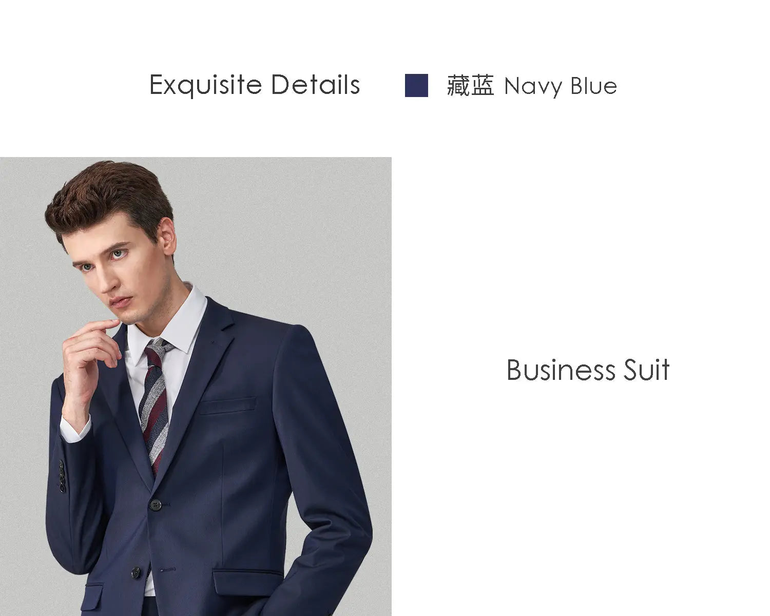 Costume pour homme en coupe slim, une veste boutonnée simple, formel et professionnel décontracté, en bleu marine, avec une coupe ajustée, une texture discrète et un type de fermeture à bouton unique