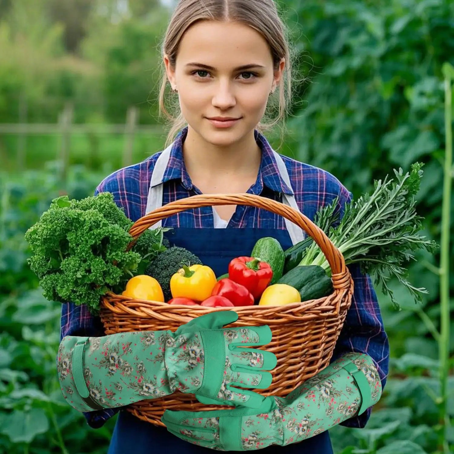 Un panier tressé en osier rempli de légumes et d’herbes fraîches, mettant en avant des gants de jardinage floraux respirants pour femmes qui sont anti-épines.