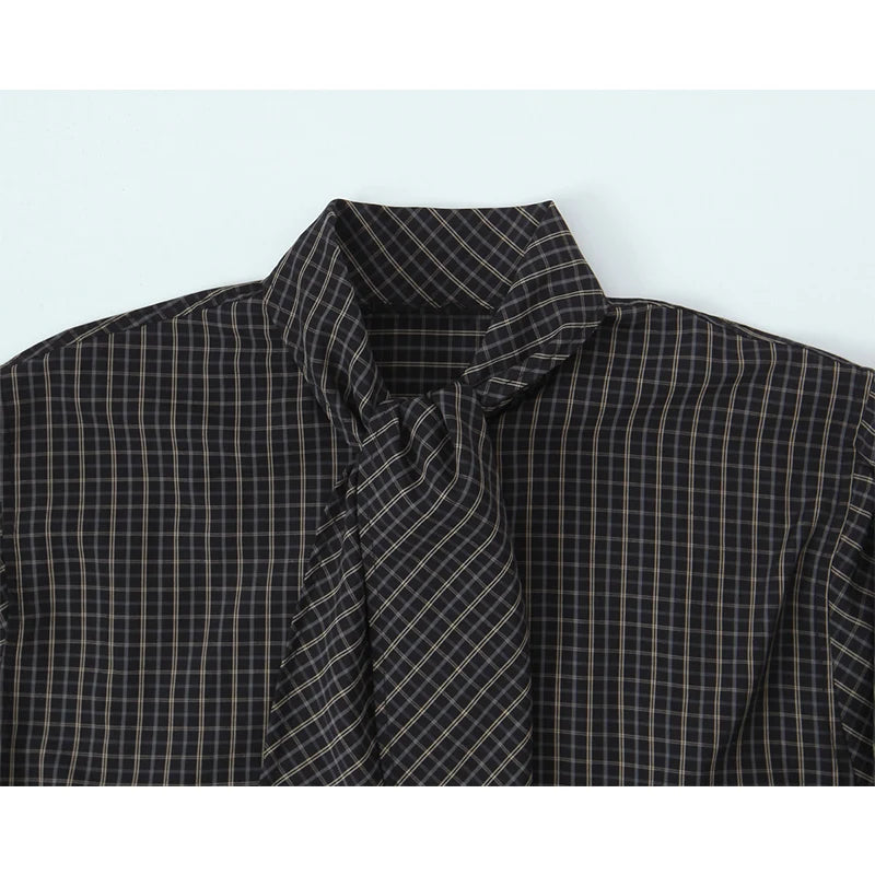 Chic Fashion Check Shirts for Women 2026 New Long Sleeve Scarf Collar Women's Casual Loose Simple Style Shirt And Blouse Tops